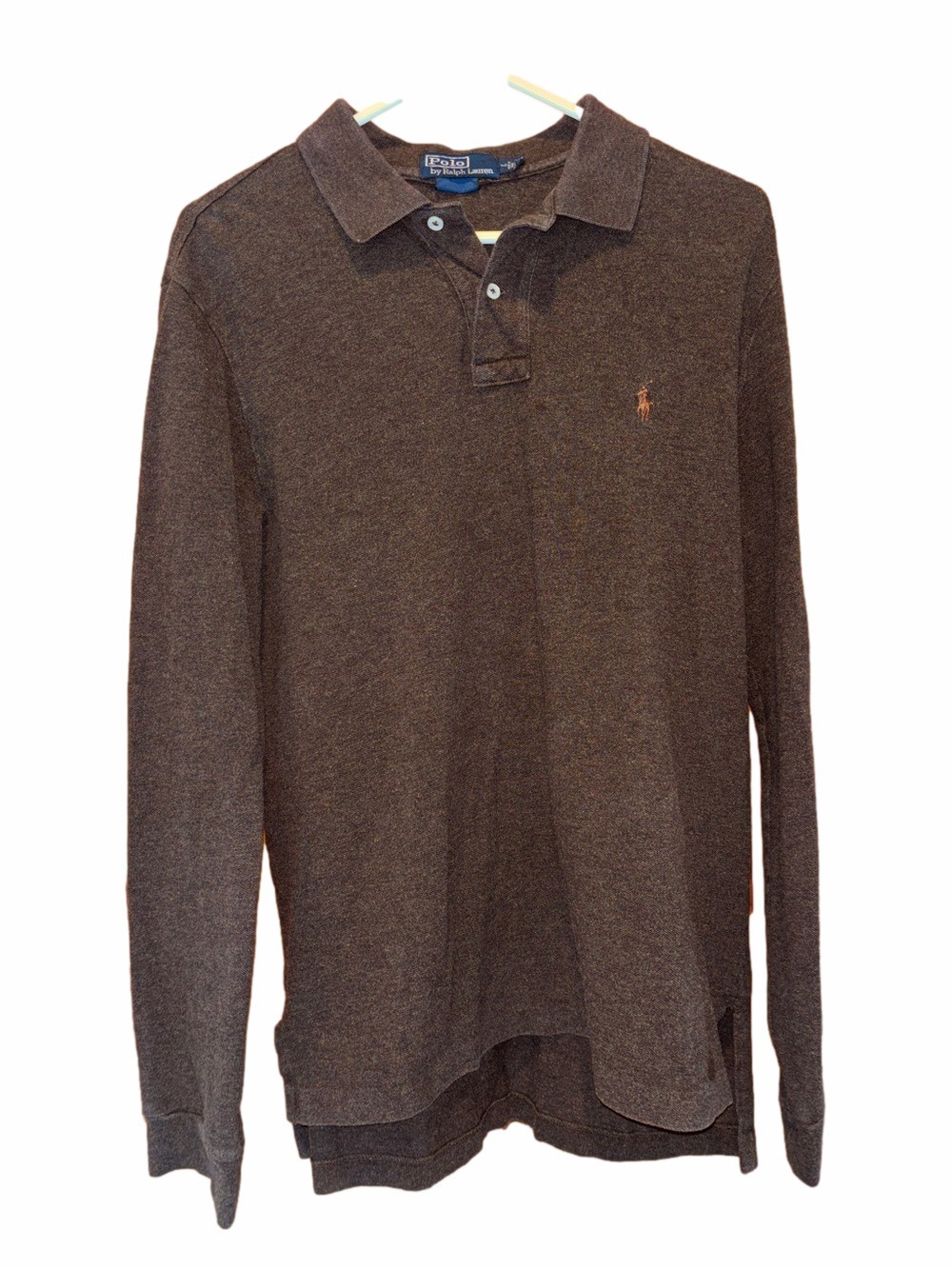 Polo Ralph Lauren Men's Heathered Brown Long Sleeve Polo High Low Hem Size Large
